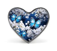 Blue Butterflies White Flowers Heart Brooch Lightweight Aluminum Alloy Lapel Pin Personalized Decoration Love Hearted Brooch Fashion Clothes Accessories Heart Pins for Women Men