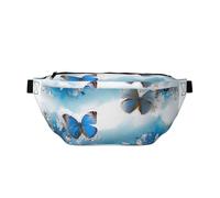 Blue Butterflies White Flowers Print Bumbag Large Fanny Pack, Crossbody Waist Bag with Adjustable Strap Chest Bag for Hiking Travel Fitness and Daily Carry
