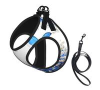 Blue Butterflies White Flowers Print Dog Harness Small Sized And Leash Set, Step In Soft Light Puppy Vest Breathable Mesh Pet Harness
