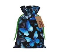Blue Butterflies White Flowers Print Festive Christmas Bag Drawstring Gift For Holiday Xmas Anniversaries Party Presents
