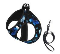 Blue Butterflies White Flowers Print Harness Leash Set For Cat Dog, Reflective Adjustable Escape-Proof Vest Lead With Soft Breathable Mesh, For Small Pets And Kitten Puppy