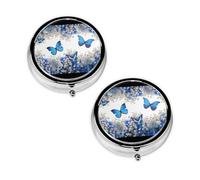 Blue Butterflies White Flowers Print Pill Box 3 Compartment Medicine Pill Case,Portable for Pocket Or Purse Pill Organizer Decorative Metal Medicine Vitamin Organizer Unique Gift