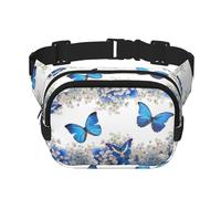 Blue Butterflies White Flowers Print Unisex Square Double Layer Waist Bag Trendy Crossbody Fanny Pack Travel Workouts, Black, One Size