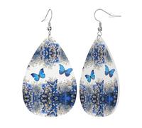 Blue Butterflies White Flowers Women'S Drop-Shaped Leather Earrings Are Suitable For Parties, Holiday Parties And Gifts.