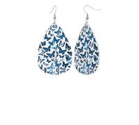 Blue Butterfliesprint Leather Earring Stylish Waterdrop Shaped Dangle Earrings With Double Sided Print, Pvc Leather 925 Silver Plated Hooks For Womenâ€™s Fashion Holiday Party Gift