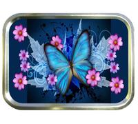 BLUE BUTTERFLY 2oz GOLD TOBACCO TIN,BACCY TIN,PILL TIN,FISHING TIN,SEWING TIN