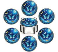 Blue Butterfly 6Pack Ceramic Drink Coasters,Quick-Absorb Stone Coasters with Anti-Slip Cork Backing & Metal Holder, Table Protectors for Kitchen Bar