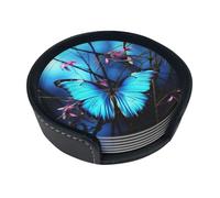 Blue Butterfly And Bamboo Coasters For Drinks Set Of 6 Leather Tea Cup Coaster Drink Coasters For Cup Kitchen Bar Home Decor Housewarming Gift