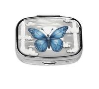 Blue Butterfly and Clouds 1 Print Square Metal Pill Box Decorative Pill Case - Carry Your Meds in Style (Rectangular)
