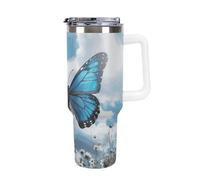 Blue Butterfly And Clouds 40 Oz Tumbler with Handle And Flip Straw, Vacuum Insulated Stainless Steel Tumbler Cups, Travel Coffee Mug, Dishwasher Safe & Bpa-Free, Reusable Water Bottle(white)