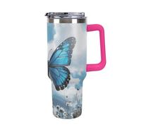 Blue Butterfly And Clouds 40 Oz Tumbler with Handle And Flip Straw, Vacuum Insulated Stainless Steel Tumbler Cups, Travel Coffee Mug, Dishwasher Safe & Bpa-Free, Reusable Water Bottle(Light Rose Red)