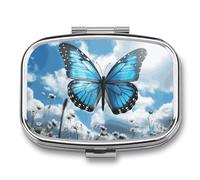 Blue Butterfly and Clouds Pill Box 2 Compartment Medicine Organizer Portable Pill Container Square Pill Holder for Pocket Travel Pill Case for Purse