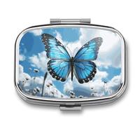 Blue Butterfly and Clouds Pill Box 2 Compartment, Portable Pill Case with Mirror for Pocket Purse Travel, Mini Metal Medicine Organizer for Vitamins Fish Oil