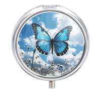 Blue Butterfly and Clouds Pill Box Medicine Pill Organizer 3 Compartment Daily Pill Case Small Pill Container Round Pill Holder Travel Pill Box Metal Pill Case for Purse Pocket