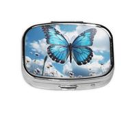Blue Butterfly and Clouds Pill Case 2 Compartment Pill Box Portable Metal Pill Organizer Cute Travel Pill Container Vitamin Organizer for Purse Pocket Travel Gift