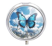 Blue Butterfly and Clouds Pill Case 3 Compartment Portable Pill Box Daily Round Pill Organizer for Pocket Purse Daily Medicine Container to Hold Vitamins Fish Oil Travel Gifts
