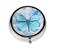 Blue Butterfly and Clouds Print Mini Metal Pill Box 2.0x2.0x0.7 in Round Travel Medicine Pill Organizer Box for Purse Pocket