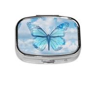 Blue Butterfly and Clouds Print Pill Box 2 Compartment Medicine Pill Case,Portable for Pocket Or Purse Pill Box Decorative Metal Medicine Organizer