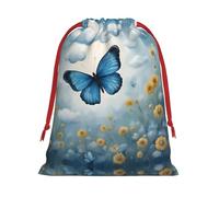 Blue Butterfly And Clouds Print Plush Gift Bags Reusable Drawstring Gift Wrap Bags,For Holiday Candy Party Supplies