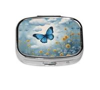 Blue Butterfly and Clouds Print Square Metal Pill Box Decorative Pill Case - Carry Your Meds in Style (Rectangular)