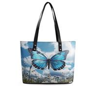 Blue Butterfly And Clouds Tote Bag Large Soft Leather Purse with Zipper Lightweight Ladies Shoulder Handbag