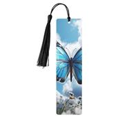 Blue Butterfly and Clouds Wood Bookmark for Book Lovers Birthday Teachers Gift, Handmade Craft Book Marks Ornaments with Tassel Exquisite Reading Page Markers for Men Women