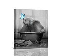 Blue Butterfly and Elephant In Bathtube Canvas Print Black And White Animal Wall Art Contemporary Painting Bathtub Wall Decor Funny Artworks Home Decor For Bathroom Living Room Bedroom 8x10inch
