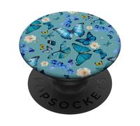 Blue Butterfly and Flower on Turquoise Teal PopSockets Swappable PopGrip