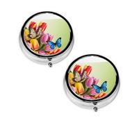 Blue Butterfly and Flower Print Pill Box 3 Compartment Medicine Pill Case,Portable for Pocket Or Purse Pill Organizer Decorative Metal Medicine Vitamin Organizer Unique Gift