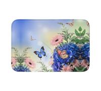 Blue Butterfly And Flowers Crystal Velvet Lock Edge Floor Mat 40x60, Non Slip, Easy To Clean, Comfortable Foot Feel