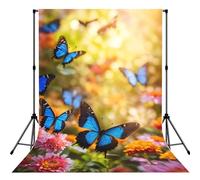 Blue Butterfly And Flowers Print Photo Studio Background 5x7ft Soft Photo Backdrop Curtain For Studio Content Creator Equipment