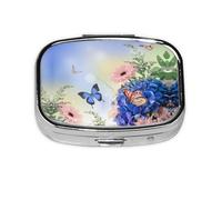 Blue Butterfly and Flowers Print Pill Box 2 Compartment Medicine Pill Case,Portable for Pocket Or Purse Pill Box Decorative Metal Medicine Organizer