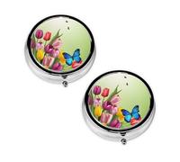 Blue Butterfly and Flowers Print Pill Box 3 Compartment Medicine Pill Case,Portable for Pocket Or Purse Pill Organizer Decorative Metal Medicine Vitamin Organizer Unique Gift