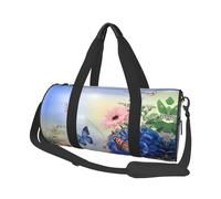 Blue Butterfly and Flowers Print Round Duffel Bag, Canvas Overnight Travel Tote Bag, Waterproof and Tear-Resistant.Foldable Weekend Travel Bag