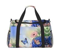Blue Butterfly and Flowers Print Weekender Bag,Gym Bag with,Carry On Luggage Overnight Weekend Bag, Holdall Handbag