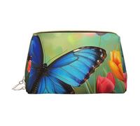 Blue Butterfly and Flowers Printed Small Makeup Bag Portable Leather Make up Bag Travel Zipper Cosmetic Bags Organizer for Women