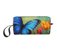 Blue Butterfly and Flowers Printed Travel Makeup Bag Portable Cosmetic Bag Makeup Case Toiletry Handbag Organiser for Women