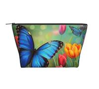 Blue Butterfly and Flowers Printed Travel Makeup Bag Trapeze Cosmetic Bag Makeup Case Toiletry Bag Organiser for Women