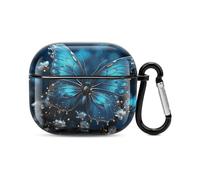 Blue Butterfly and Moon Bluetooth Earbuds Case Cover Full Body Shockproof Protection Hard Case Support Wireless Charging with Keychain Personalized Gift for AirPods 3