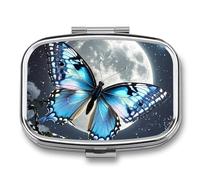 Blue Butterfly and Moon Pill Box 2 Compartment Square Pill Box for Pocket Purse Portable Travel Medicine Tablet Vitamin Holder Organizer Mini Decorative Pill Case