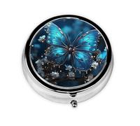 Blue Butterfly and Moon Pill Case with Mirror Retro 3 Compartment Pill Box Small Pill Organizer for Purse or Pocket Decorative Metal Medicine Vitamin Organizer Unique Gifts