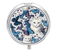 Blue Butterfly and White Cat Pill Box-3 Compartment Small Pill Case Travel Pill Box for Purse & Pocket Portable Daily Pill Organizer to Hold Supplements Vitamins