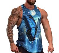 Blue Butterfly Castle Moon Mens Tank Top Soft Beach Sleeveless Shirts Quick Dry Gym Workout Running Muscle Tee 2XL