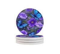 Blue Butterfly Coasters Purple Flower Absorbent Diatomite Coasters Quick Dry Cup Mat for Drinks Round Mugs Pad for Table Bar Home Decor