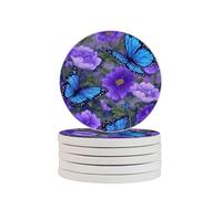 Blue Butterfly Coasters Set of 2 Purple Flower Absorbent Diatomite Coasters Quick Dry Cup Mat for Drinks Round Mugs Pad for Table Bar Home Decor