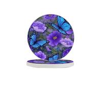 Blue Butterfly Coasters Set of 6 Purple Flower Absorbent Diatomite Coasters Quick Dry Cup Mat for Drinks Round Mugs Pad for Table Bar Home Decor