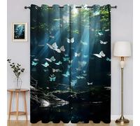 Blue Butterfly Curtains for Living Room Bedroom, Thermal Insulated Eyelet Curtain, Green Plants Patterned Blackout Curtains, 54 Drop Window Treatments Drapes, W 46" x L 54" (2 Panels) SA630