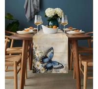 Blue Butterfly Daisy Table Runner 13x120 inch Spring White Floral Flower Plant Vintage Retro Cotton Linen Dining Table Runner Ideal for Dresser Kitchen Coffee Tables - Machine Washable