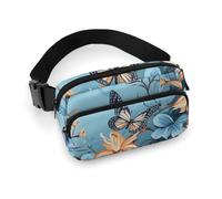 Blue Butterfly Floral Fanny Pack for Women Men Waist Bag Belt Bag Adjustable Casual Bag for Travel Sports Hiking, white, 7.9x5.1inches