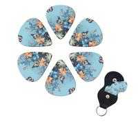 Blue butterfly floral Guitar Picks 6 Pack, 0.96mm Thickness Celluloid Bass Pick with Leather Guitar Pick Holder Keychain Abstract Art Pics Plectrum for Acoustic Electric Guitar, Ukulele, Bass